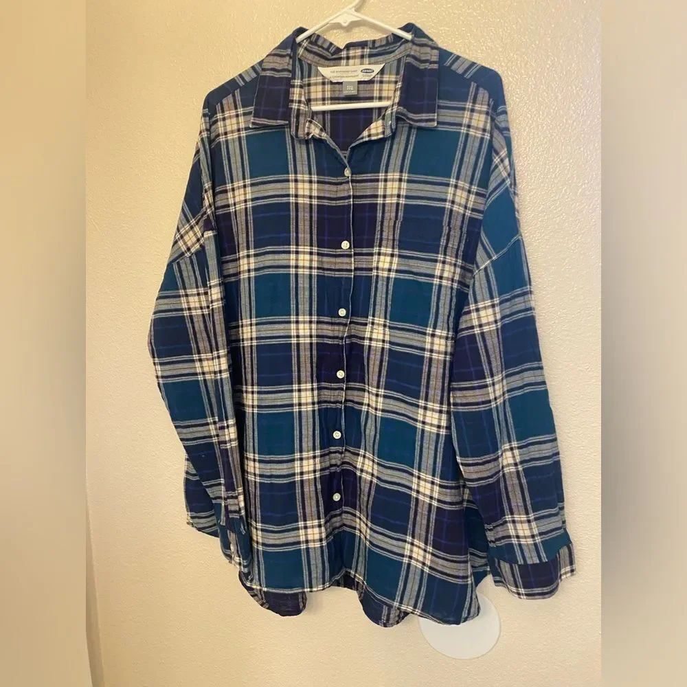 Old Navy Blue Plaid Button Up flannel Shirt long sleeve boyfriend top cotton XXL